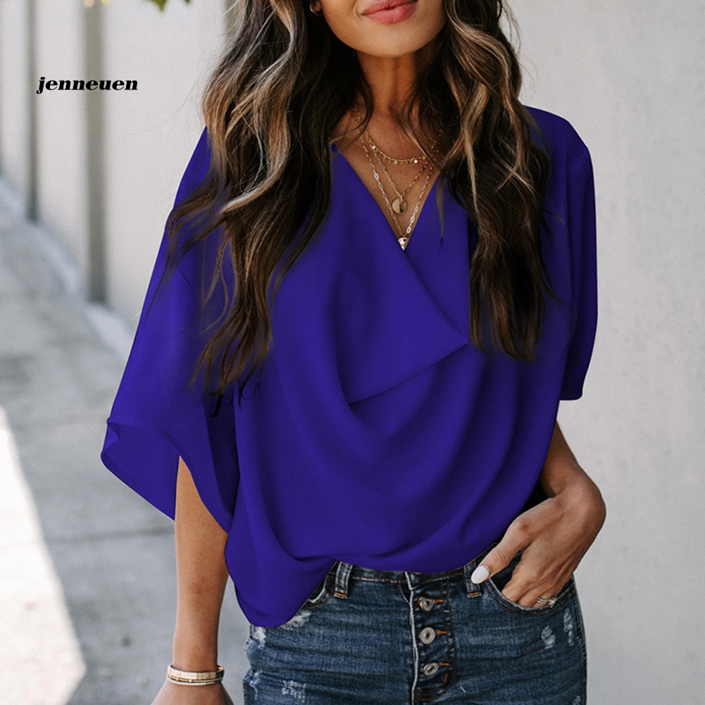 Áo Sơ Mi Tay Lửng Cổ Chữ V Màu Trơn Thời Trang Dành Cho Nữ