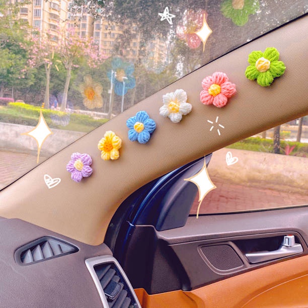 Korean Style Hyun a Small Flower Creative Car Decoration Car Accessories Cute Car Decoration Woven Puff Flower Car Interior Kffi