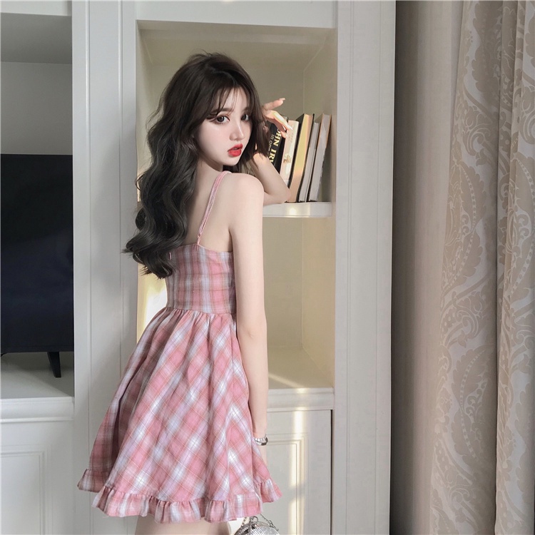 Đầm Hai Dây Kẻ Sọc Caro Hồng Phong Cách Mới Mùa Hè Cho Nữ