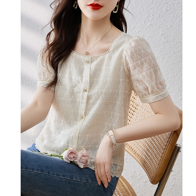 Áo Kiểu Cổ Vuông Tay Ngắn Phối Ren Đính Hạt Phong Cách Hàn Quốc Mới Tinh Tế Thời Trang Mùa Hè Cho Nữ
