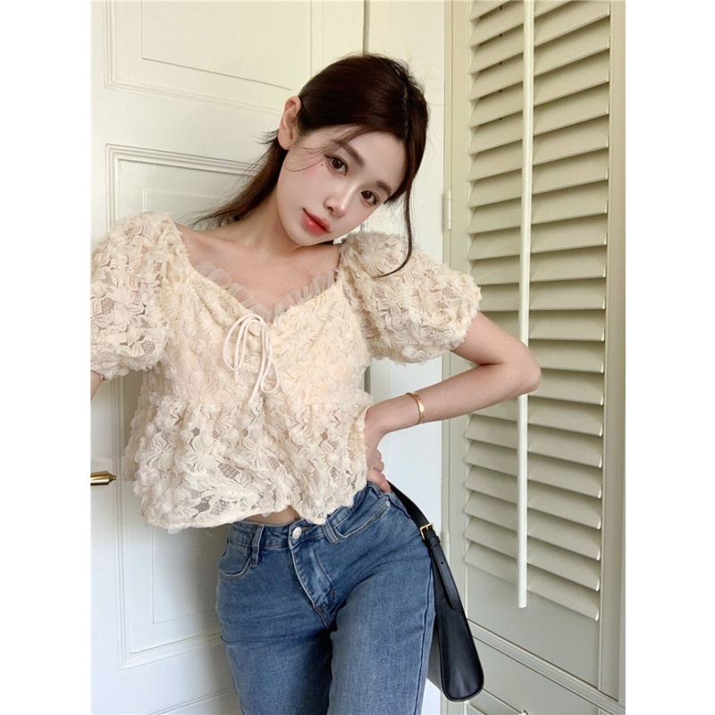 Áo Thun Ngắn Tay Phối Ren Hoa Rút Dây Ngọt Ngào Thời Trang Cho Nữ