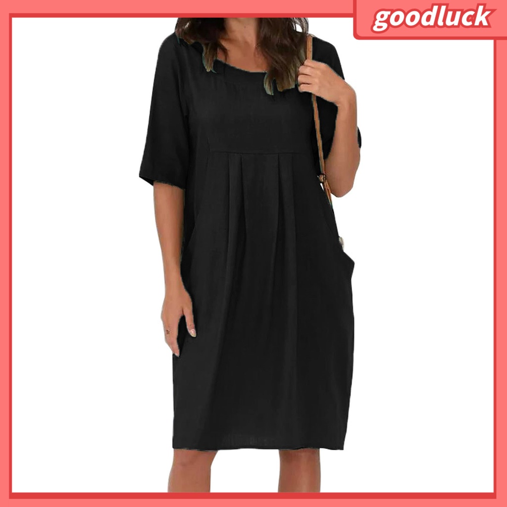 Đầm Cotton Lanh Ngắn Tay Cổ Tròn Dáng Rộng Màu Trơn Phối Túi Thanh Lịch Thời Trang Mùa Hè Cho Nữ