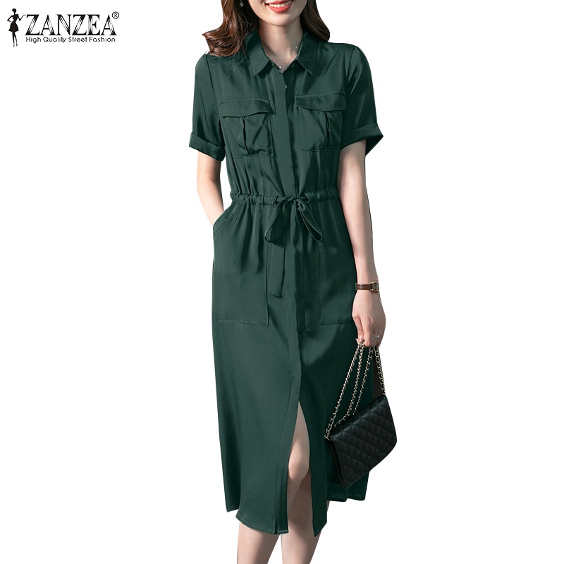 Zanzea Đầm Sơ Mi Nữ Dây Rút Có Túi Thời Trang Hàn Quốc