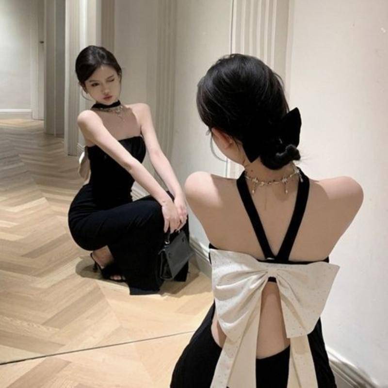 Đầm Hai Dây Hở Lưng Phong Cách Pháp Sang Trọng Cao Cấp Màu Đen Cho Nữ