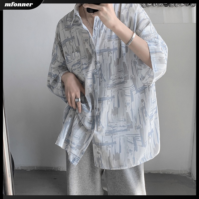 Áo Sơ Mi Lụa Tay Lửng Dáng Rộng In Họa Tiết Cá Tính Theo Phong Cách Mùa Hè Dành Cho Nam