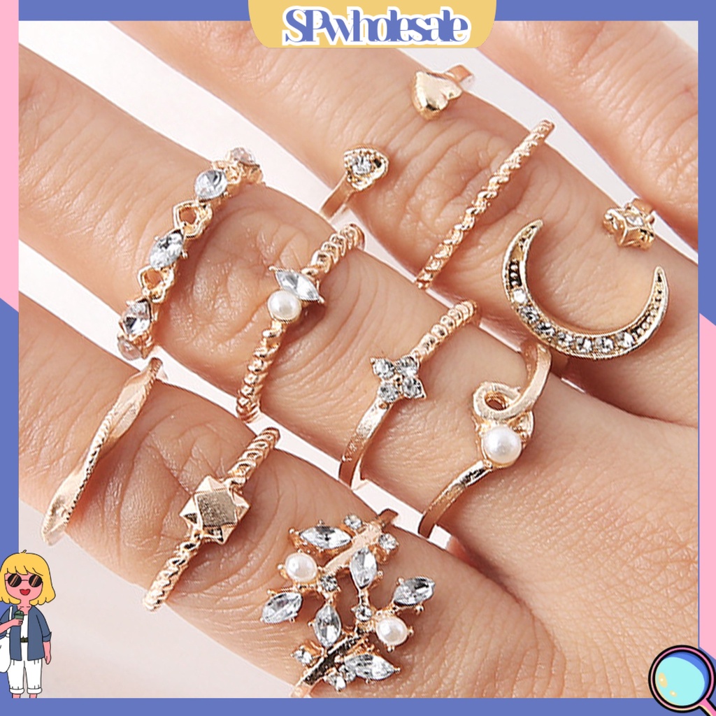 <SPwholesale> Set 10 Nhẫn Thời Trang Hình Học / Lá / Mặt Trăng / Trái Tim Không Phai Màu Trọng Lượng Nhẹ Cho Nữ