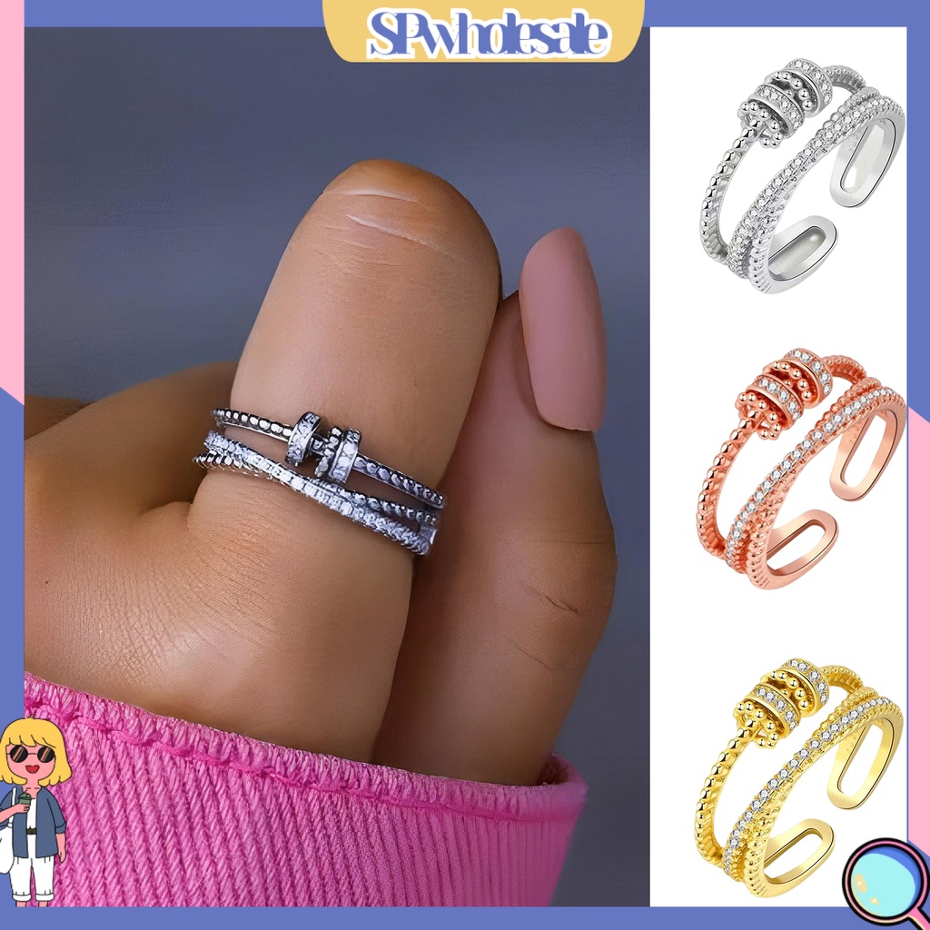 &lt;SPwholesale&gt; Nhẫn Hở Xoay Hình Học Đính Đá Sáng Bóng Thanh Lịch Dễ Phối Đồ Có Thể Điều Chỉnh Cho Nữ Dự Tiệc