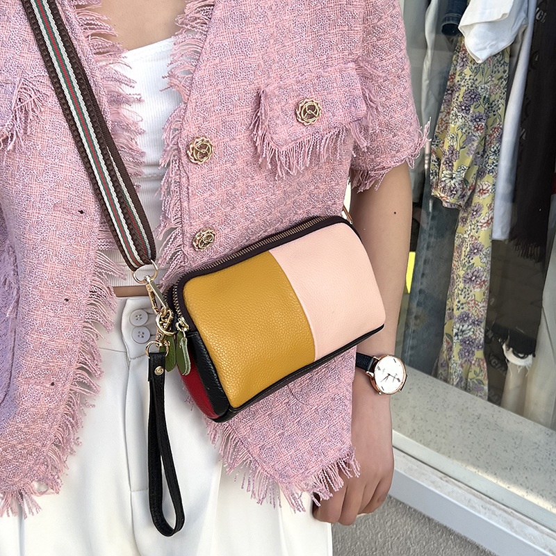 Túi Xách Da Bò Nhỏ Xinh Phối Màu Tương Phản Thời Trang Cho Nữ