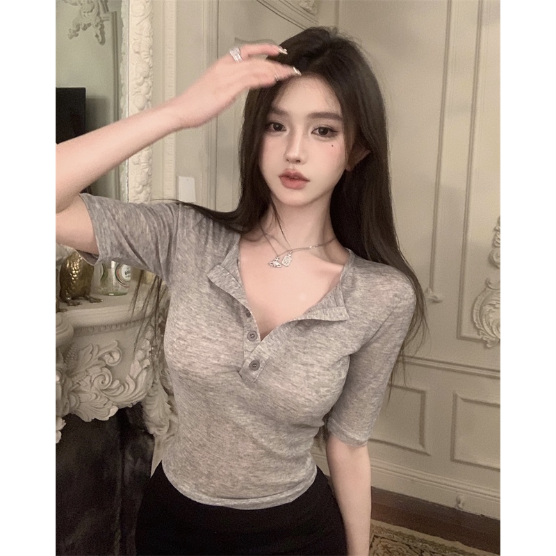 Áo Thun Tay Lửng Dáng Ôm Cổ Chữ V Màu Trơn Quyến Rũ Thời Trang