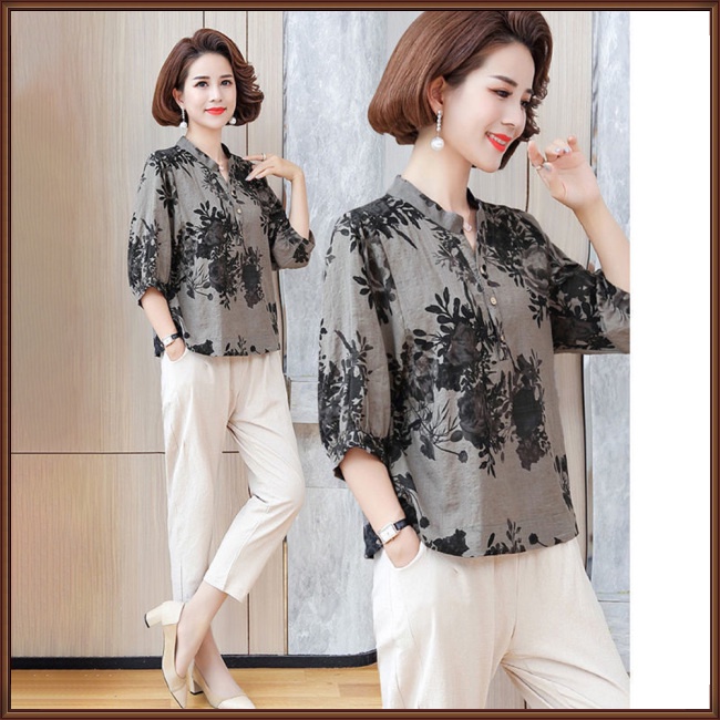 Áo Sơ Mi Cotton Lanh Cổ Đứng Tay Ngắn In Họa Tiết Hoa Thời Trang Mùa Hè Cho Nữ