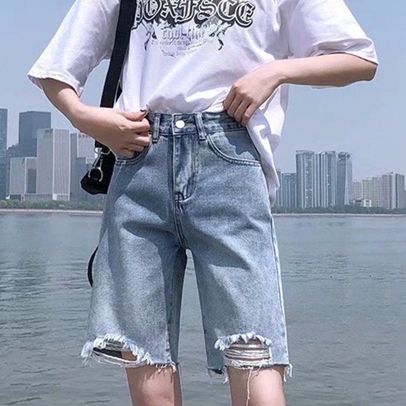 IELGY    Quần Short denim Rách Lưng Cao Dáng Chữ a Thời Trang Cho Nữ