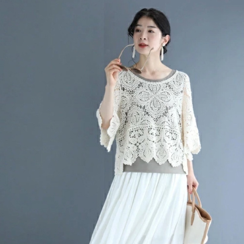 Áo Khoác Dệt Kim Phối Ren Lỗ Nhỏ Hòa Tan Trong Nước Phong Cách Mới 2023 Cho Nữ Q