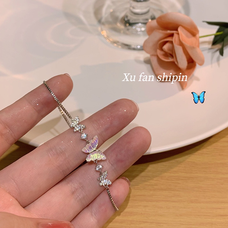 Vòng Đeo Tay Bằng Bạc Họa Tiết Bướm Đính Pha Lê Thanh Lịch Dành Cho Nữ