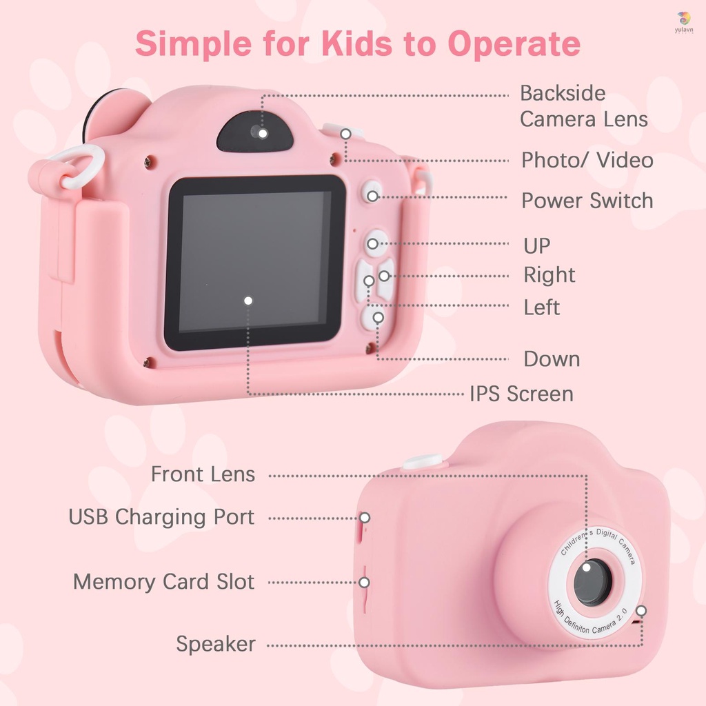 Máy Ảnh Kỹ Thuật Số Mini 1080P Ống Kính Kép 2.0 Inch IPS Màn Hình 4X Zoom in Họa Tiết Hoạt Hình Dễ Thương Kèm Pin Và Dây Đeo Cổ Cho Bé