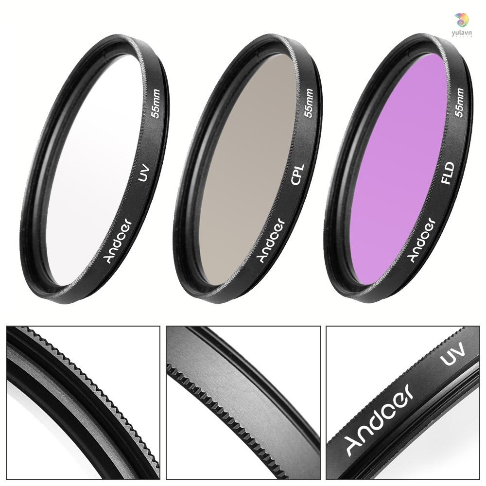 Bộ Lọc Ống Kính Andoer 55mm (UV + CPL + FLD) + Túi Nylon + Nắp Ống Kính + Khăn Lau Ống Kính + Mũ Trùm Đầu