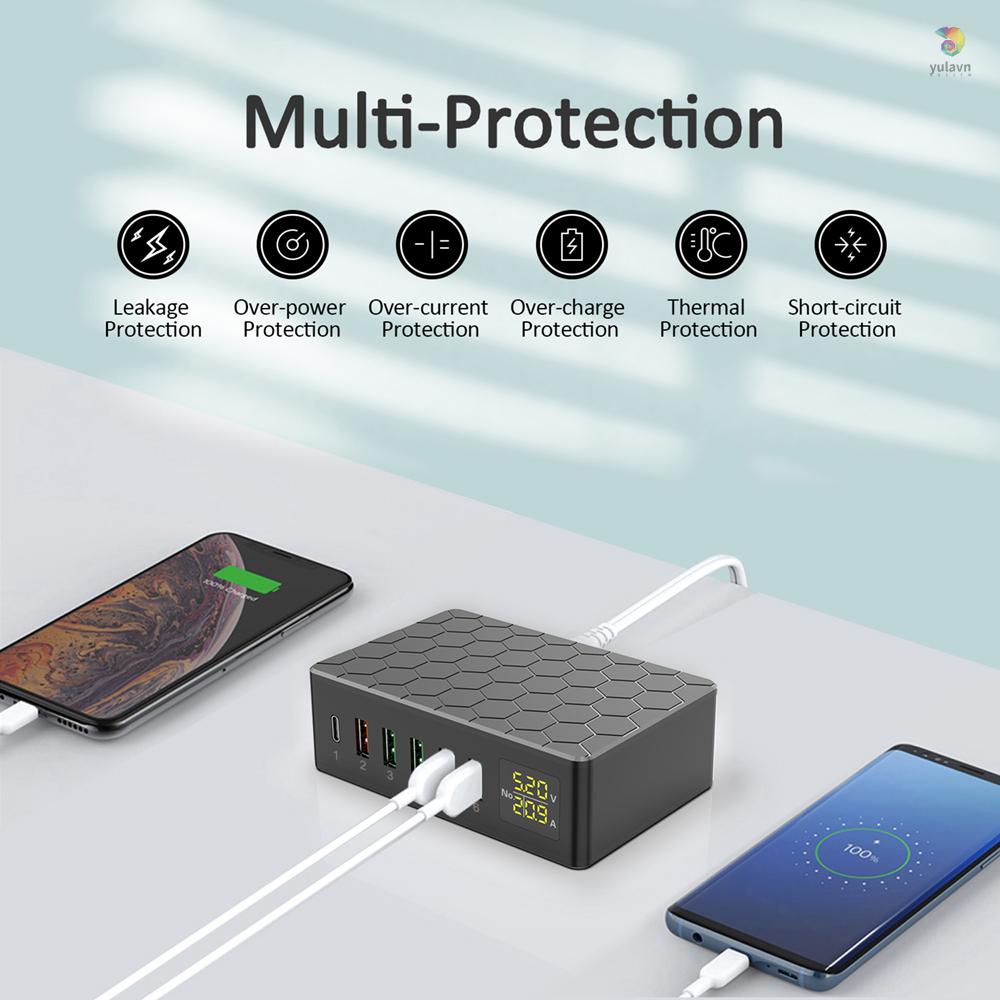 Trạm Sạc USB-A 6 Cổng 65W QC3.0 Nhiều Cổng Có Màn Hình LED Cho Các Thiết Bị Để Bàn