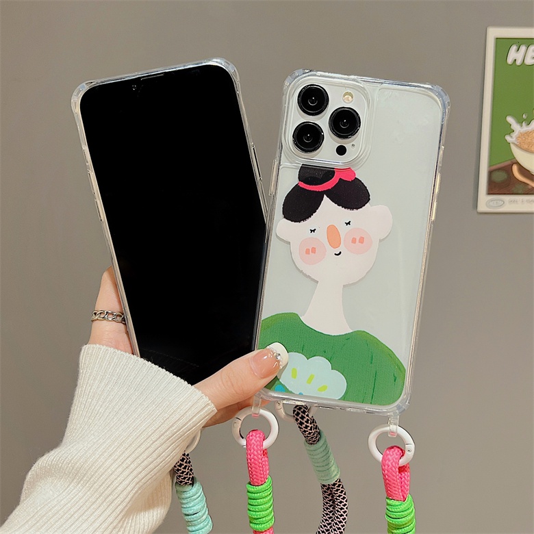 Ốp Điện Thoại Tpu Dẻo Trong Suốt Họa Tiết Hoạt Hình Đơn Giản Chống Sốc Kèm Dây Đeo Cho iphone 12 14 13 11 Pro Max