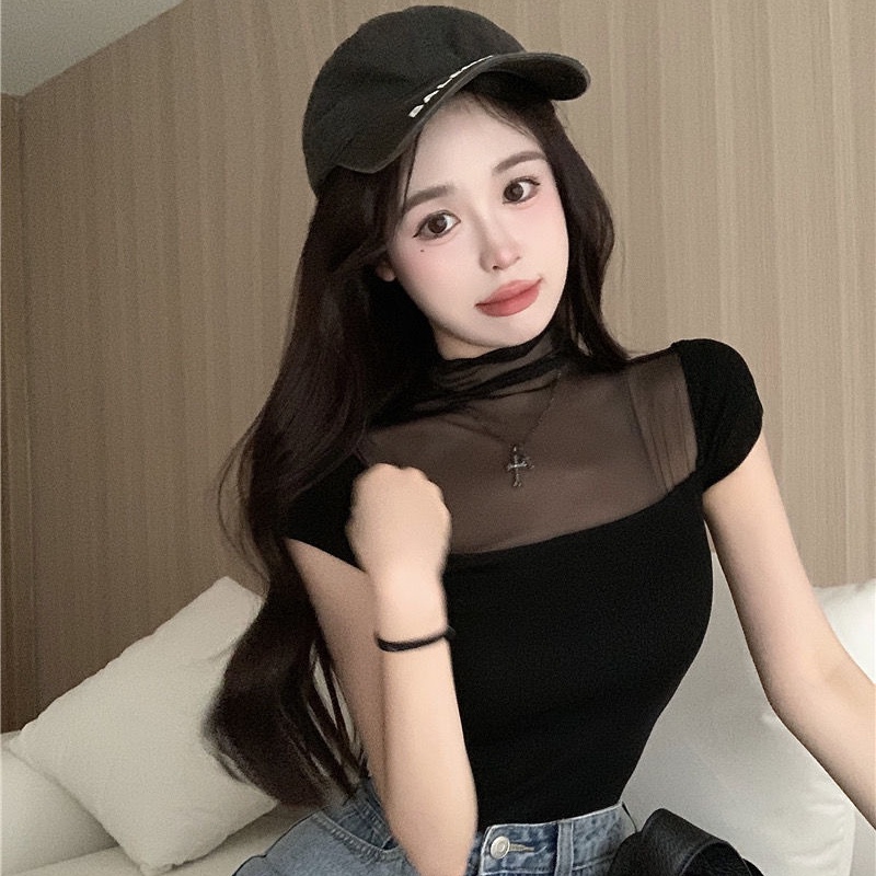 Áo thun COZOK ngắn tay cổ cao phối lưới ôm dáng gợi cảm dành cho nữ