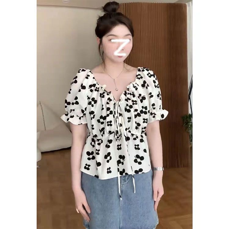 Gujinglei Áo Sơ Mi Tay Phồng Cổ Vuông Cỡ Lớn In Hoa Thời Trang Mùa Hè Cho Nữ