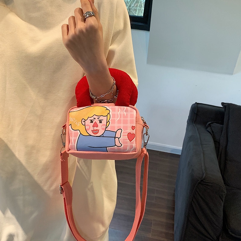 Túi Đeo Chéo Canvas Dáng Vuông Nhỏ Họa Tiết Hoạt Hình Thời Trang Cho Nữ