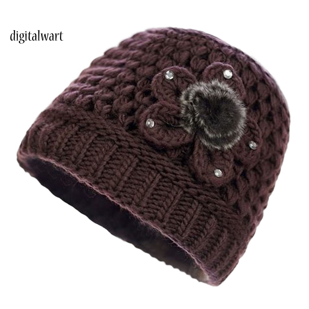 Kỹ Thuật Số| Mũ Beanie Dệt Kim Lót Lông Dày Dặn Màu Trơn Đính Đá Lấp Lánh Thời Trang Đường Phố