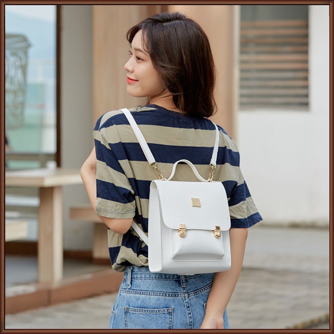 Ba Lô Da Pu Màu Trơn Có Khóa Đa Năng Thiết Kế Đơn Giản Cho Nữ