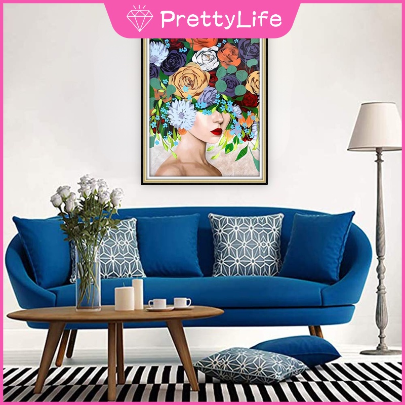 Bộ Tranh Đính Đá 5D Họa Tiết Cô Gái &amp; Hoa Nhiều Màu Độc Đáo Diy Dùng Trang Trí Nhà Cửa