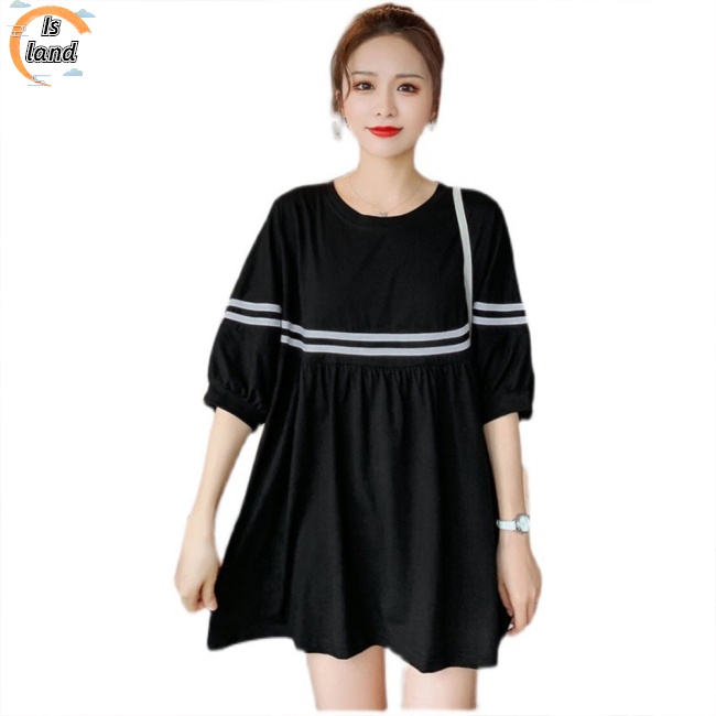 [IS] Đầm Thun Dáng Rộng Tay Ngắn Họa Tiết Kẻ Sọc Màu Sắc Tương Phản Dành Cho Phụ Nữ Mang Thai