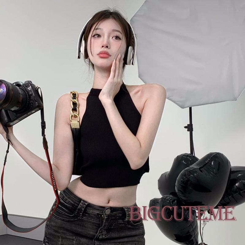 [] - Áo Croptop Không Tay Hở Lưng Màu Trơn Bằng Lụa Lạnh Thời Trang Mùa Hè Đường Phố Đơn Giản Dành Cho Nữ