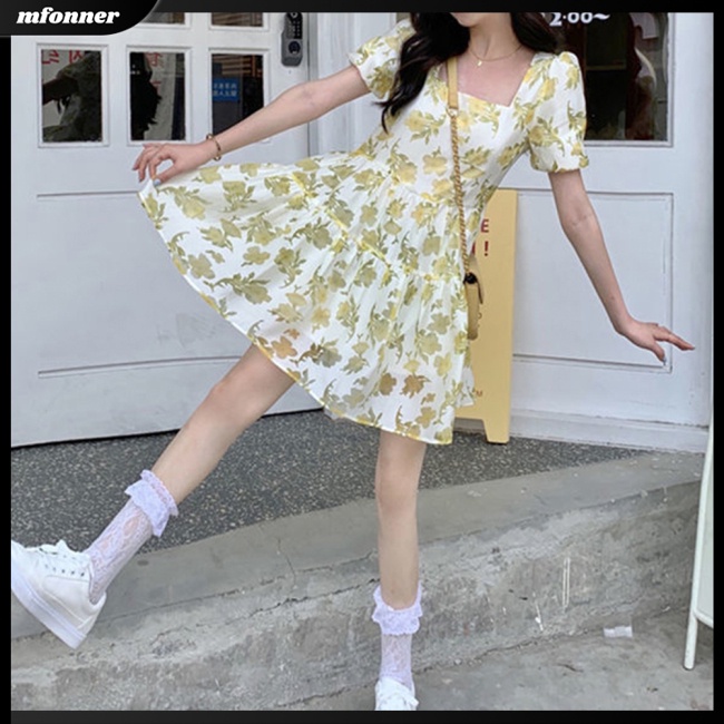 Đầm Chữ A Tay Ngắn Cổ Thuyền Họa Tiết Hoa Phong Cách Pháp Ngọt Ngào Thời Trang Mùa Hè Cho Nữ