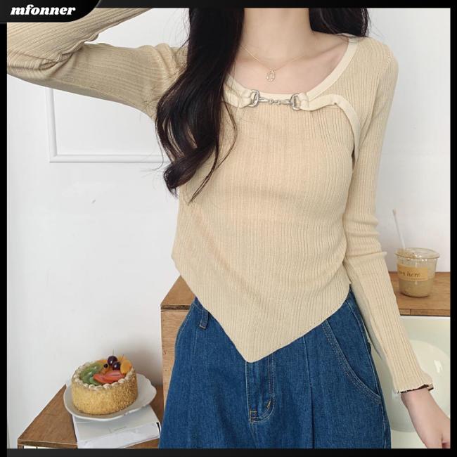 Áo Dệt Kim Tay Dài Cổ Tròn Màu Sắc Đơn Giản Cho Nữ