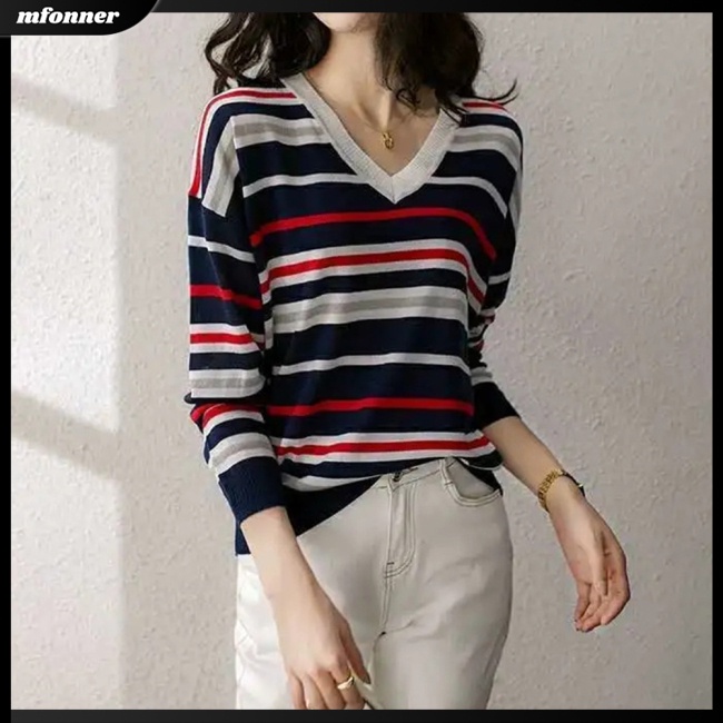 Áo Dệt Kim Nữ Dài Tay Cổ Chữ V Phối Màu Tương Phản Thời Trang