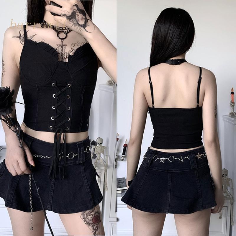 Áo Hai Dây Cổ Chữ U Hở Lưng Ôm Dáng Phong Cách Gothic Harajuku Gợi Cảm Cho Nữ