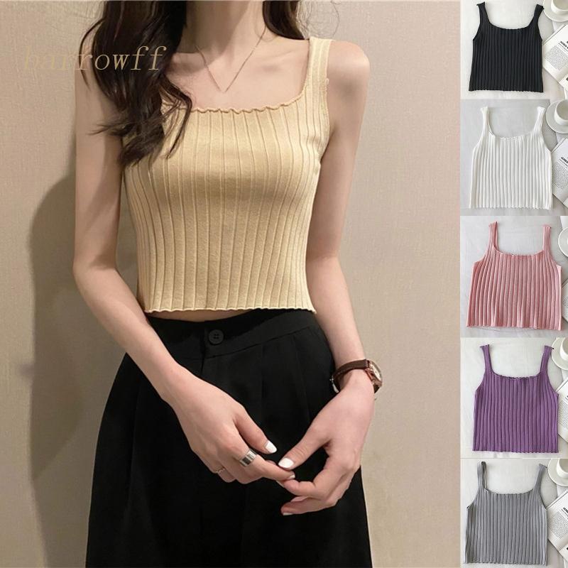 Brroa Áo Croptop Dệt Kim Mỏng Màu Trơn Đơn Giản Phong Cách Hàn Quốc Cho Nữ