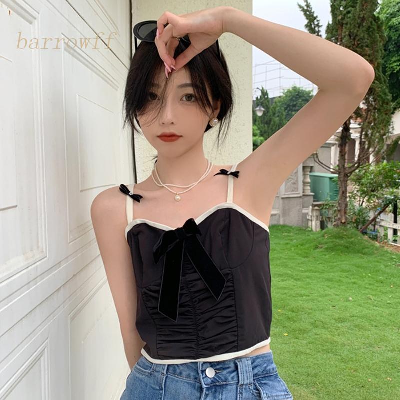 Áo Croptop Hai Dây Cổ Chữ V Thắt Nơ Màu Sắc Tương Phản Chất Liệu Nhung Thời Trang Mùa Hè Cho Nữ