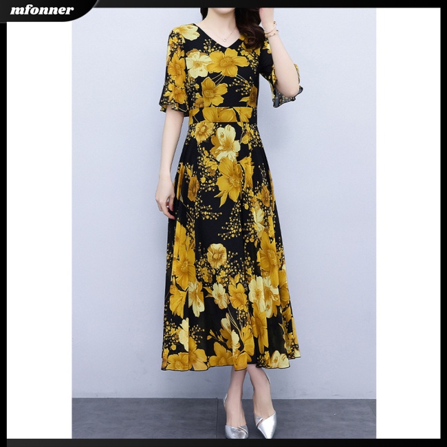 Đầm Midi Chữ A Lưng Cao Tay Loe Cổ Chữ V in Họa Tiết Hoa Thời Trang Mùa Hè Cho Nữ