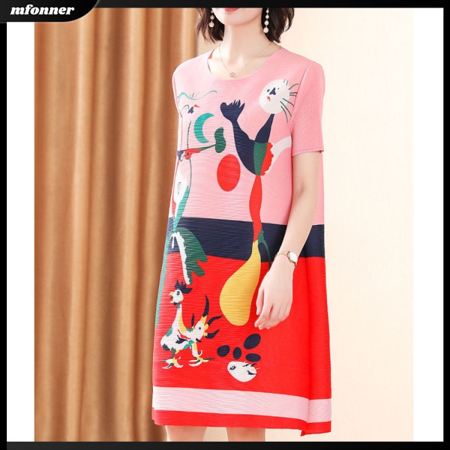 Đầm Midi Ngắn Tay Cổ Tròn Dáng Rộng In Màu Khối Thời Trang Cho Nữ