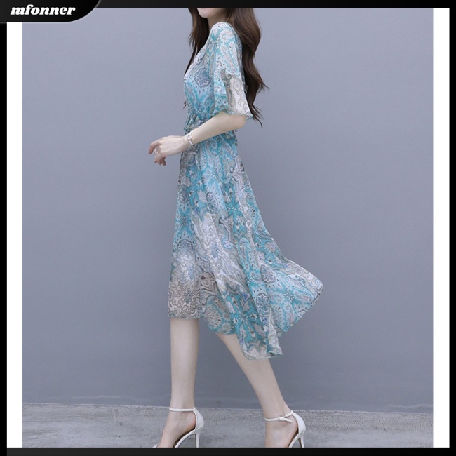 Đầm Dáng Chữ A Cổ Tròn Tay Chuông In Hoa Thiết Kế Bất Đối Xứng Thời Trang Cho Nữ