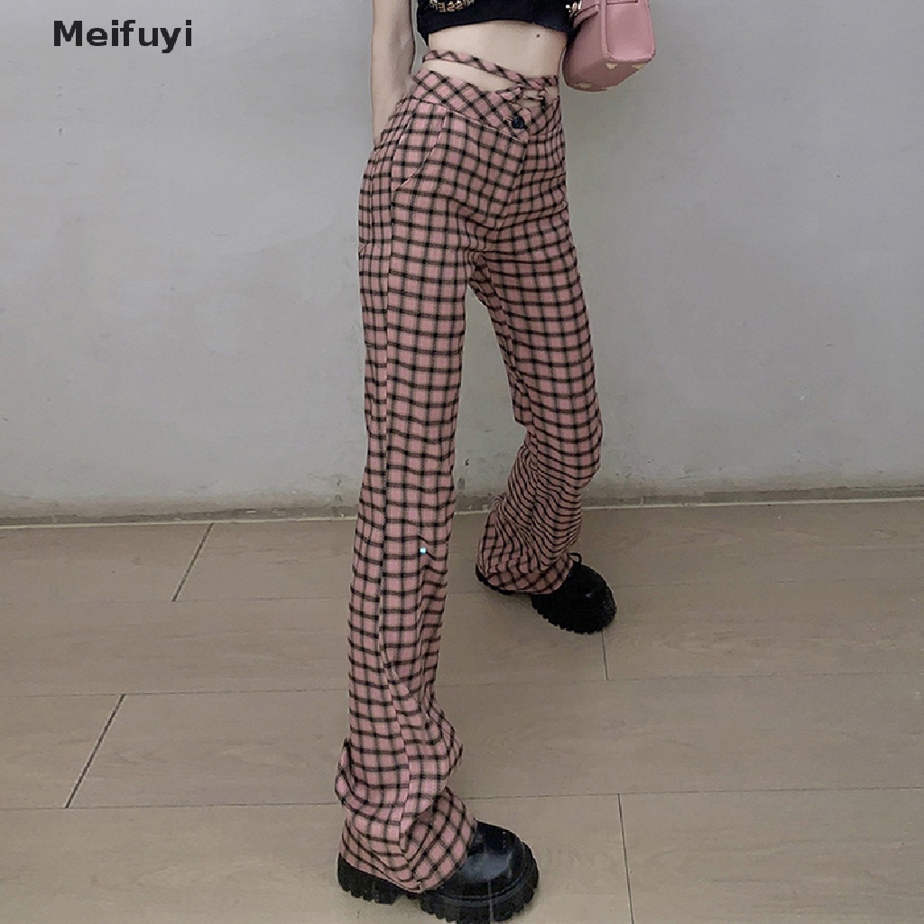 [Meifuyi] Quần Kẻ Sọc Màu Hồng Eo Cao Thời Trang Hè Cho Nữ