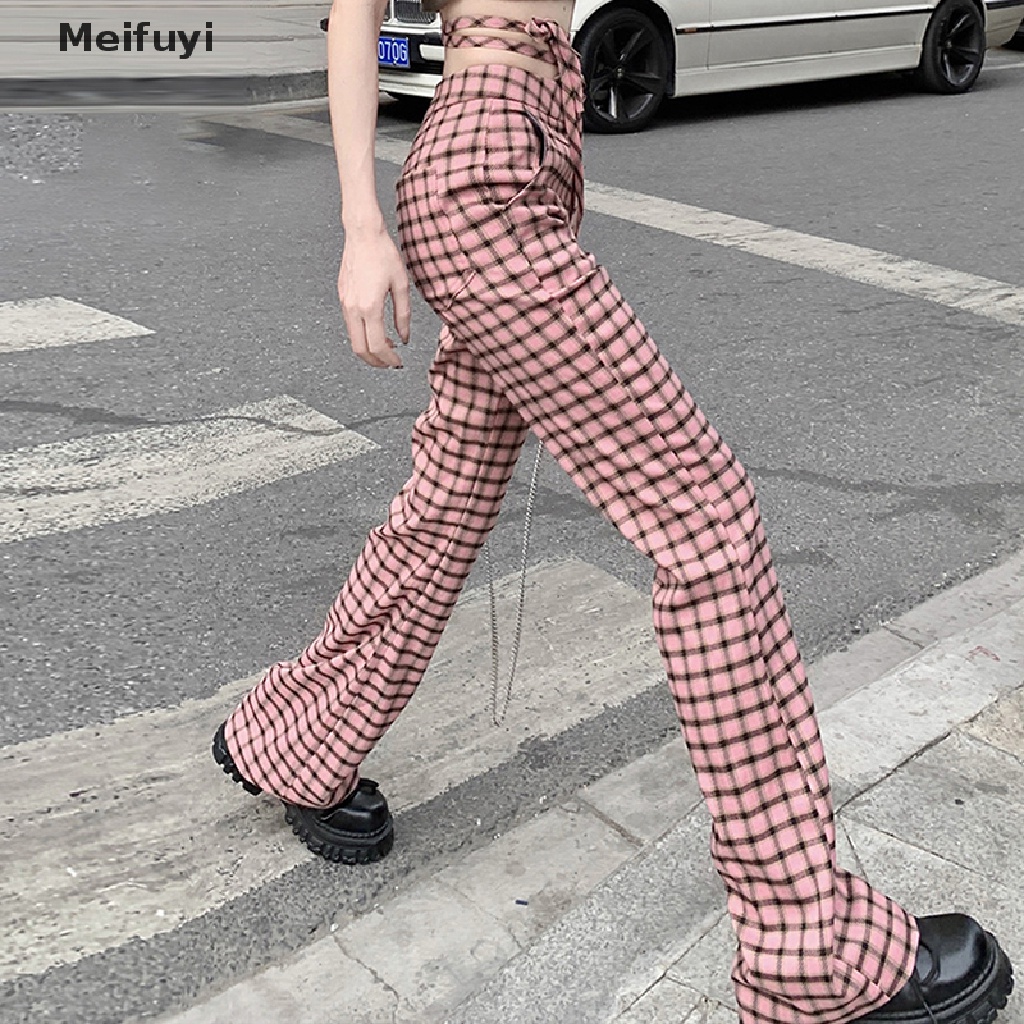 [Meifuyi] Quần Kẻ Sọc Màu Hồng Eo Cao Thời Trang Hè Cho Nữ