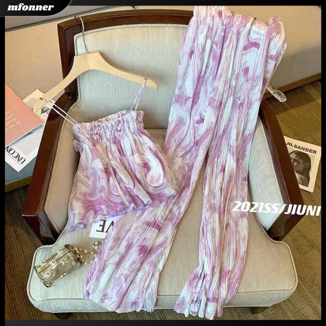 Set Áo Tank Top 2 Dây + Quần Dài Ống Rộng Họa Tiết Hoa Thời Trang Cho Nữ