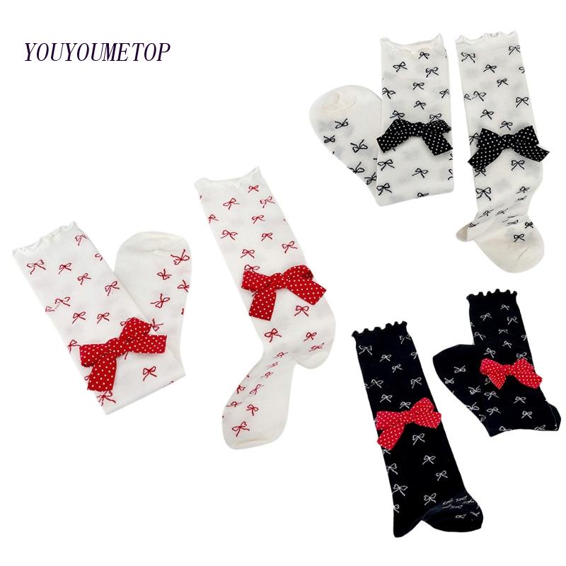 Youyo Vớ Ống Lửng Vừa Bằng Cotton Co Giãn Phối Bèo Nhún Họa Tiết Chấm Bi Phong Cách Lolita Nhật Bản Dễ Thương Cho Nữ