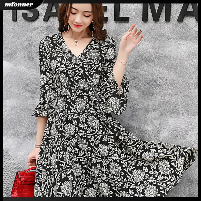 Đầm Tay Loe Cổ Chữ V Ôm Eo In Họa Tiết Hoa Xinh Xắn Thời Trang Cho Nữ