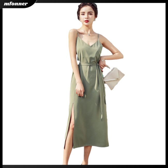 Đầm Dài Hai Dây Cổ Chữ V Kèm Thắt Lưng Thời Trang Mùa Hè Cho Nữ