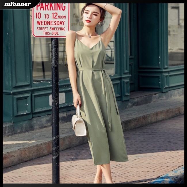 Đầm Dài Hai Dây Cổ Chữ V Kèm Thắt Lưng Thời Trang Mùa Hè Cho Nữ