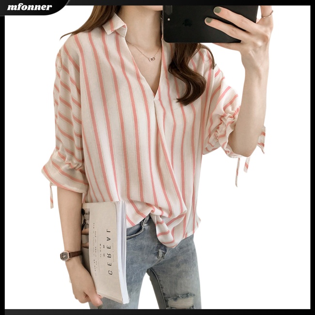 Áo Sơ Mi Chiffon Tay Lửng Dáng Rộng Họa Tiết Kẻ Sọc Thời Trang Mùa Hè Cho Nữ