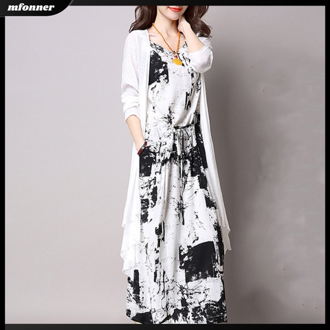 Set Đầm 2 Món In Họa Tiết Thổ Cẩm + Áo Khoác Cardigan Thời Trang Mùa Hè Cho Nữ