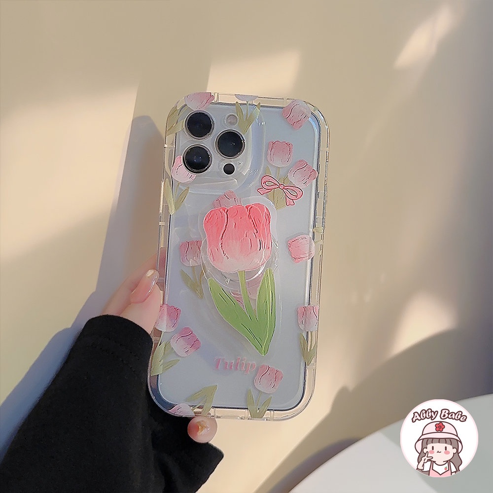 Ốp Điện Thoại TPU Mềm Chống Bụi Hình Hoa Tulip Hồng / Đào Có Giá Đỡ Cho IPhone 14 Pro Max 13 12 11 Pro Max X XS Max