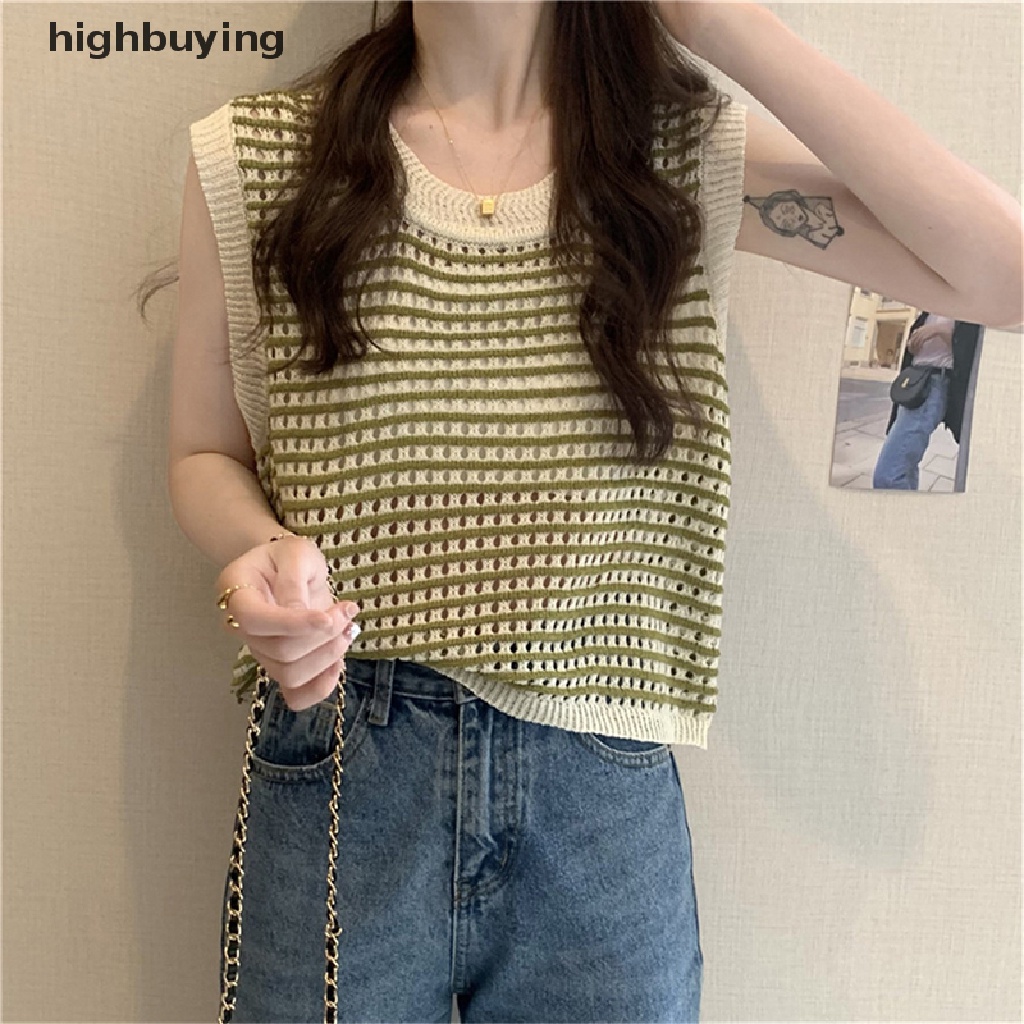 Áo Dệt Kim Không Tay Dáng Rộng Họa Tiết Kẻ Sọc Thời Trang Mùa Hè Cho Nữ