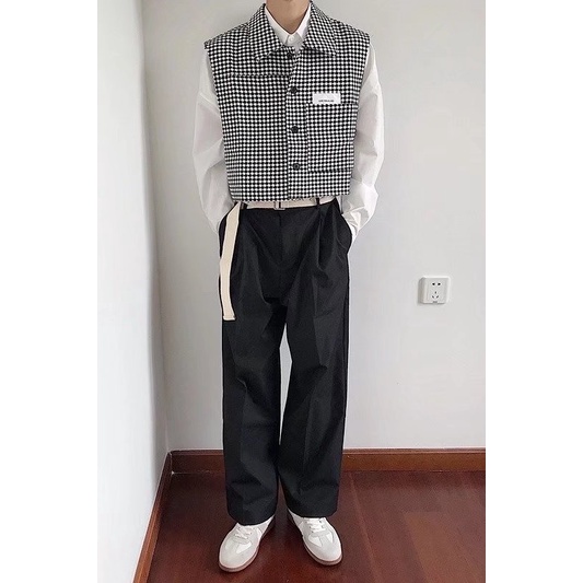 Áo Khoác Sát Nách Dáng Rộng In Họa Tiết Houndstooth Cá Tính Cho Nam